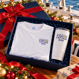 Personalized Captain shirt and insulated tumbler in a nautical holiday gift box
