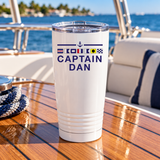 Personalized Captain Dan nautical tumbler displayed aboard a boat