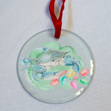 Christmas crab glass ornament with red satin ribbon
