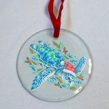 Loggerhead sea turtle coastal glass Christmas ornament