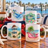 Coastal Christmas ceramic coffee mugs displayed at a marina