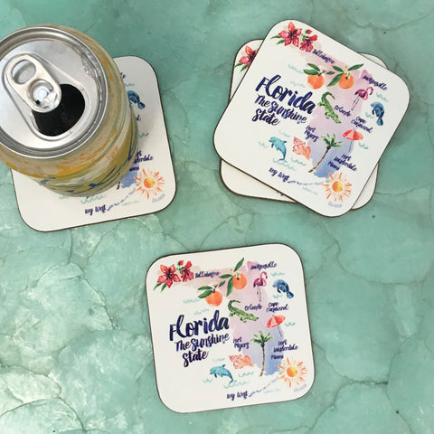 FLORIDA, THE SUNSHINE STATE DRINK COASTERS, SET OF 4