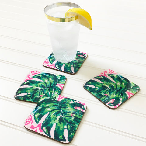 PINK PALM DRINK COASTERS, SET OF 4
